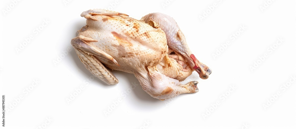 Top view of a whole organic chicken from a farm displayed on a white background with plenty of space around to insert other images copy space image Top view of a whole organic chicken from a farm displayed on a white background with plenty of space around to insert other images copy space image
