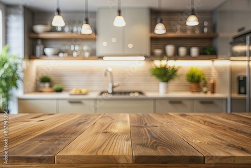 Beautiful empty brown wooden table top and blurred defocused modern kitchen interior background with daylight flare, product montage display. generative ai