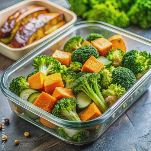 Freshly prepared healthy meal prep container with roasted sweet potatoes, steamed broccoli, and baked zucchini, surrounded by vibrant green vegetables, promoting balanced diet. photo