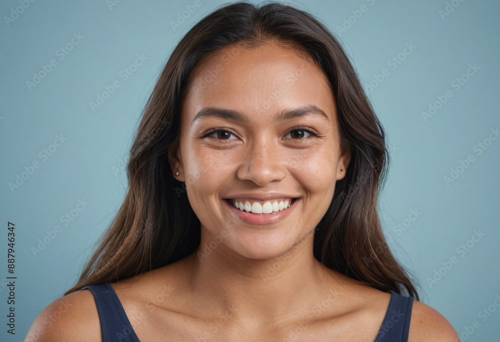 Portrait view of a regular happy smiling Federated States of Micronesia woman, ultra realistic, candid, social media, avatar image, plain solid background Portrait view of a regular happy smiling Federated States of Micronesia woman, ultra realistic, candid, social media, avatar image, plain solid background