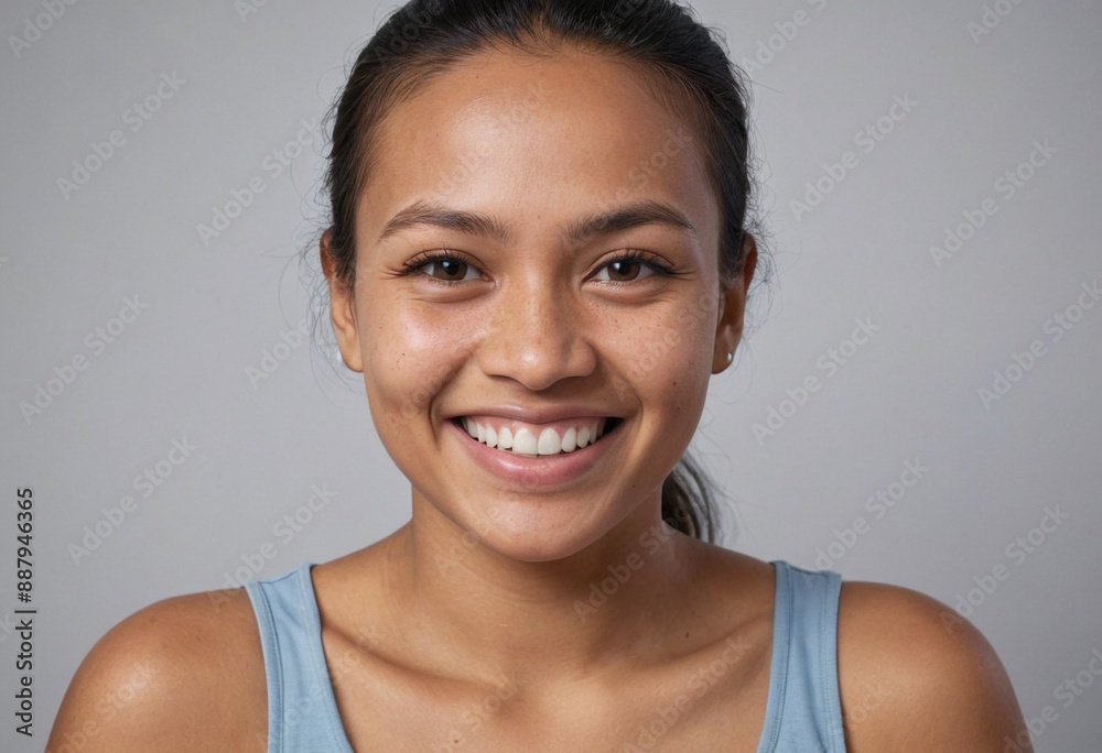 Portrait view of a regular happy smiling Federated States of Micronesia woman, ultra realistic, candid, social media, avatar image, plain solid background Portrait view of a regular happy smiling Federated States of Micronesia woman, ultra realistic, candid, social media, avatar image, plain solid background