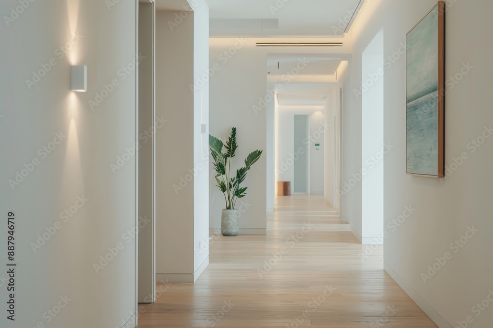 Obraz premium Serene Elegance: Minimalistic Wall Art Adorning an Elegant Hallway with Soft Indirect Lighting