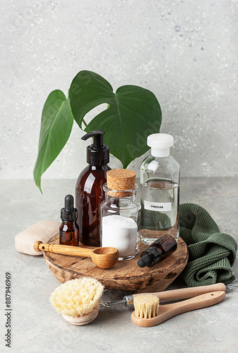 Obraz na płótnie zero waste eco friendly cleaning concept. wooden brushes, baking soda, vinegar w salonie