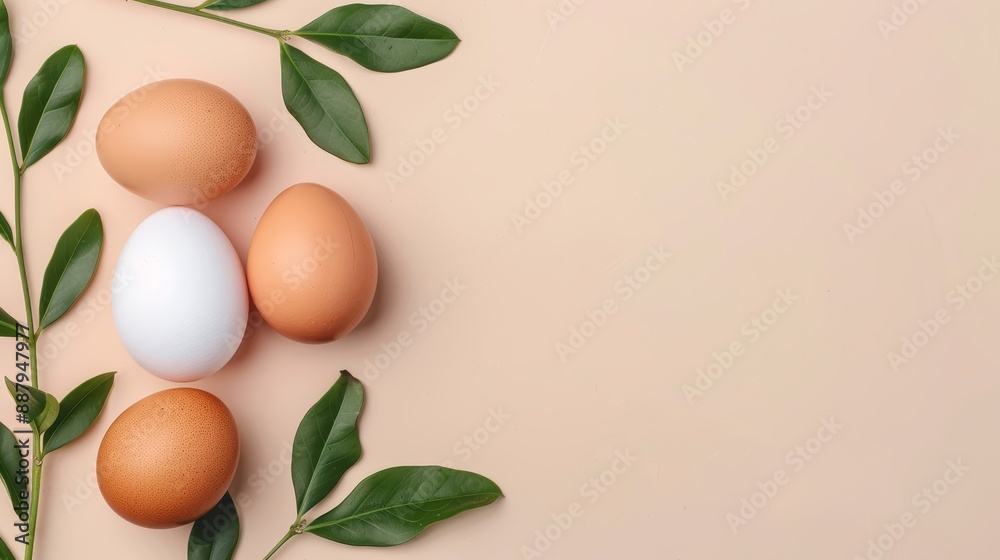 Chicken eggs on a soft-colored background with branches and leaves, symbolizing natural beauty, high-resolution photo, cinematography Chicken eggs on a soft-colored background with branches and leaves, symbolizing natural beauty, high-resolution photo, cinematography
