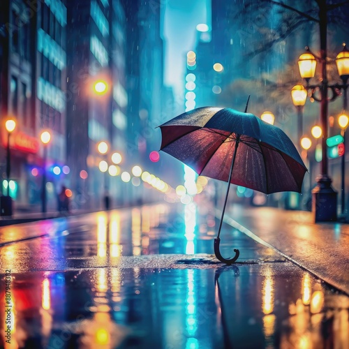 Wallpaper Mural Misty rain-soaked street with blurred city lights, wet pavement, and a lone umbrella lying on the ground, conveying a sense of lost love and longing. Torontodigital.ca