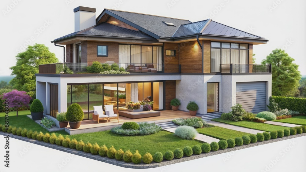 Modern house with garden png, isolated on white on transparent ...