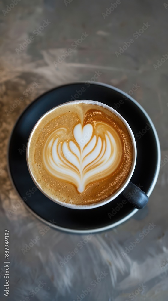 Latte with heart-shaped latte art on black saucer Latte with heart-shaped latte art on black saucer
