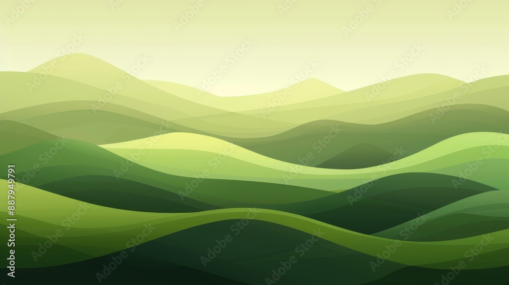 Obraz premium Abstract Green Landscape Wallpaper with Hills and Mountains, Beautiful Nature Scenery, Ideal for Spring-Themed Articles, Publications, Marketing Campaigns, and Advertising Backgrounds, AI-Generated, 4