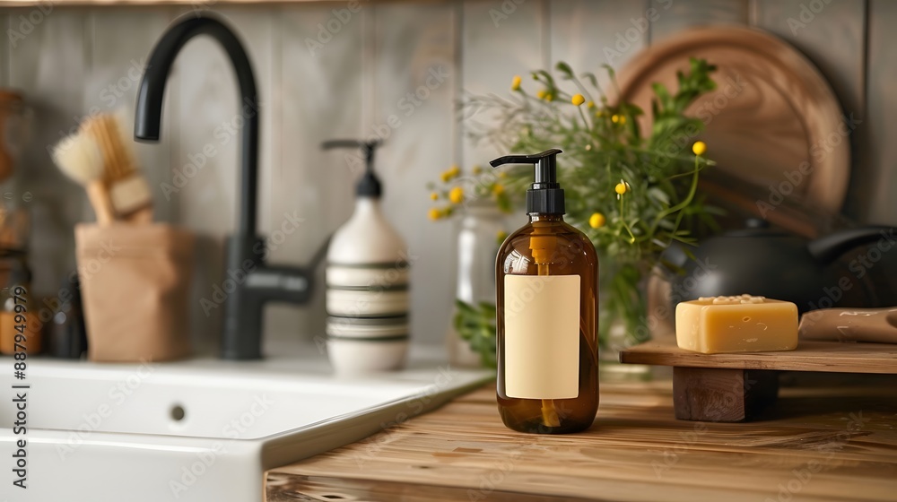 Blank Label Dish Soap: A dish soap bottle with no label next to a sink.
Blank Label Dish Soap: A dish soap bottle with no label next to a sink.