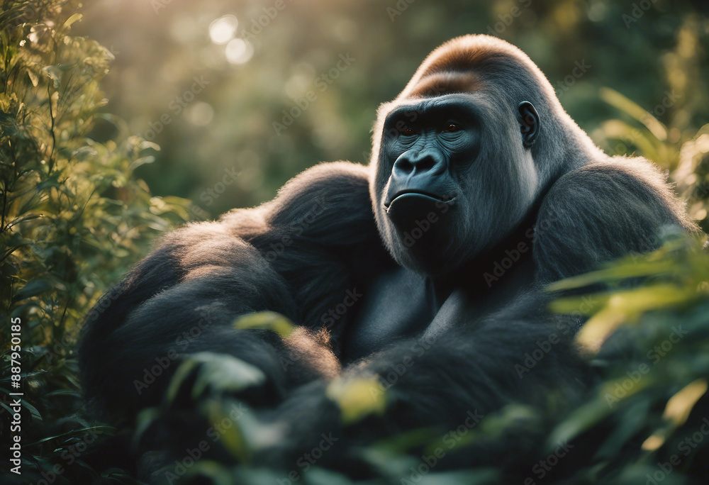 Obraz premium A silverback gorilla sitting amidst dense foliage, early morning light. 