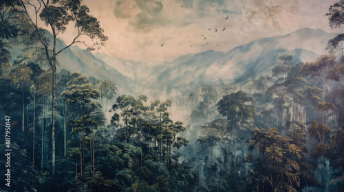 Vintage wallpaper of rainforest with pastel colors, featuring birds and deer in the background, oil painting. 