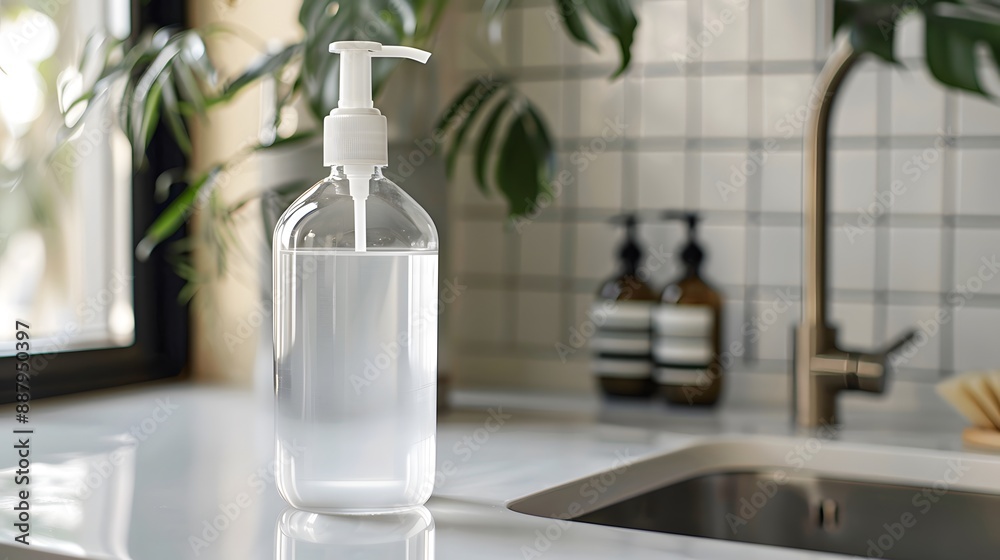 Blank Label Dish Soap: A dish soap bottle with no label next to a sink.
Blank Label Dish Soap: A dish soap bottle with no label next to a sink.