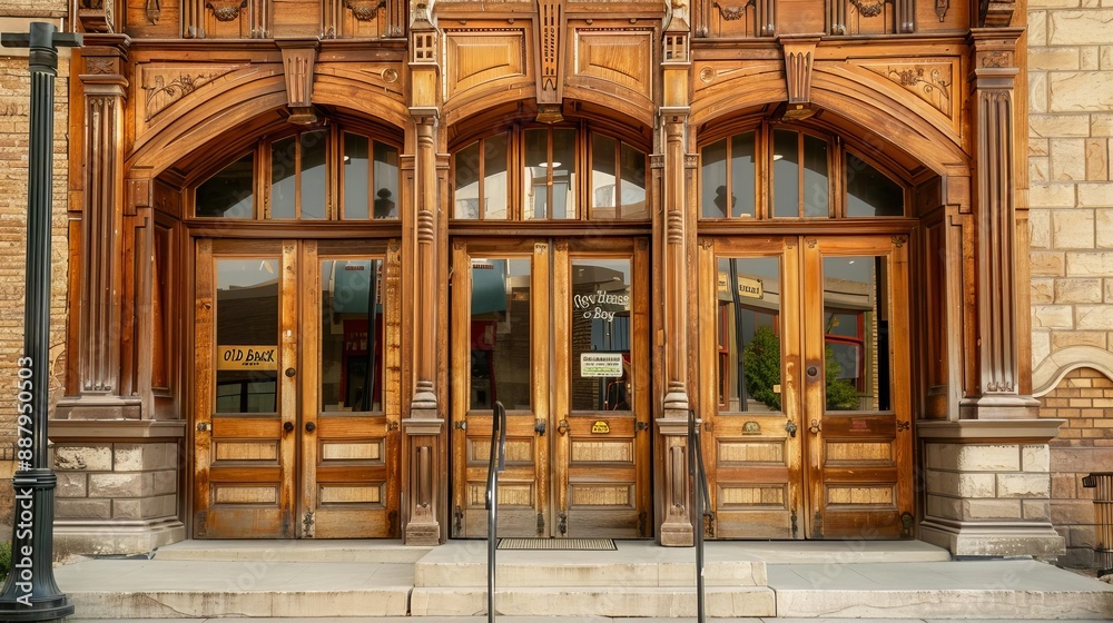 Obraz premium Cowboy Day Old West Bank The front of an old West bank with large wooden doors and period signage