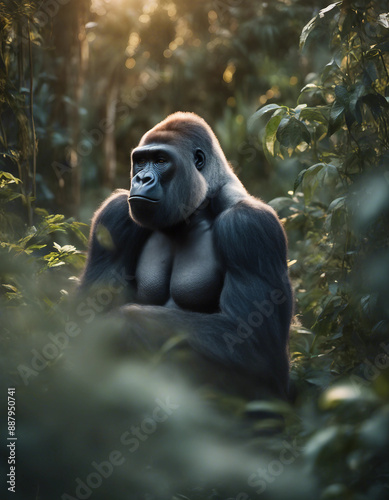 A silverback gorilla sitting amidst dense foliage, early morning light.
 photo