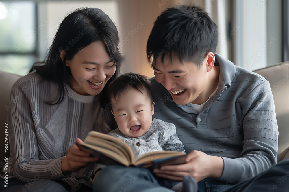 A happy family with their baby reading together on the sofa, smiling and laughing while holding an open book in front of them. A happy family with their baby reading together on the sofa, smiling and laughing while holding an open book in front of them.