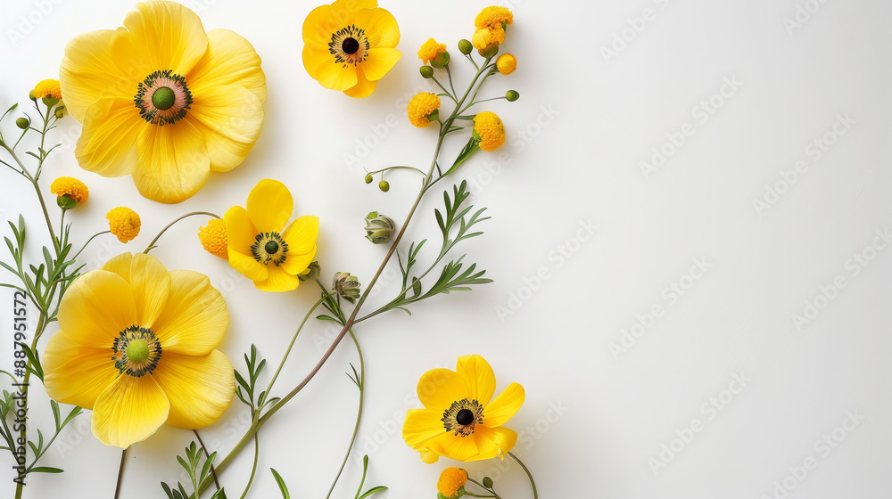 Yellow Anemones flowers on the left side on a white background, beautiful delicate floral arrangement Yellow Anemones flowers on the left side on a white background, beautiful delicate floral arrangement