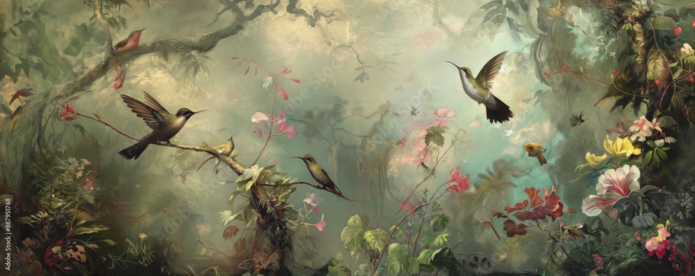 Fototapeta Vintage wallpaper of rainforest with pastel hues, featuring hummingbirds and raccoons in the background, oil painting. 