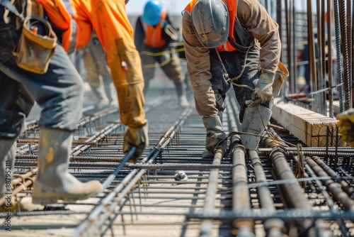 Construction workers kneeling on a building site meticulously positioning rebar, forming the framework of the structure, illustrating precision and dedication in their craftsmanship.