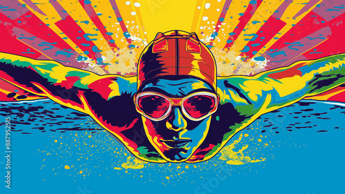 Pop art concept swimming games. Colorful background in pop art retro comic style. Summer sports games background banner.