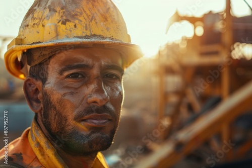 A sweaty worker, illuminated by the sunrise at a construction site, conveys the essence of early morning toil, commitment, and the beginning of a laborious workday. photo