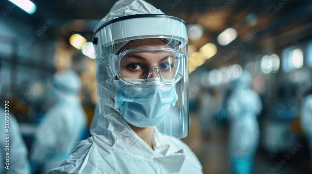 Female worker in full protective gear, including a mask and face shield, standing in an industrial facility. Female worker in full protective gear, including a mask and face shield, standing in an industrial facility.