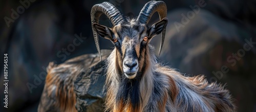 Detailed close up image of a Markhor a wild goat from Central Asia known for males impressive horns up to 160 cm long offering ample copy space for text or graphic elements photo