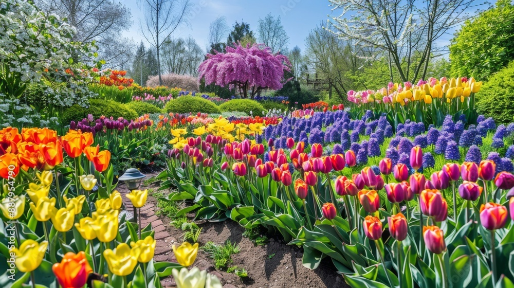 Colorful Spring Garden with Tulips and Hyacinths. Colorful Spring Garden with Tulips and Hyacinths.