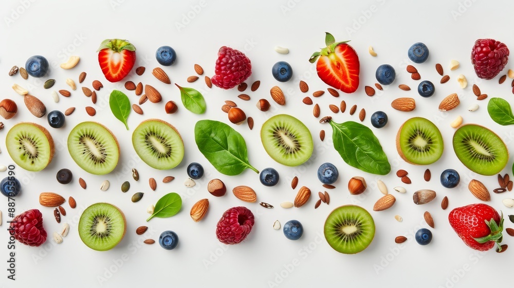 Flat lay of a variety of fruits, nuts, and seeds arranged in a visually appealing pattern, highlighting their importance in a nutritious diet