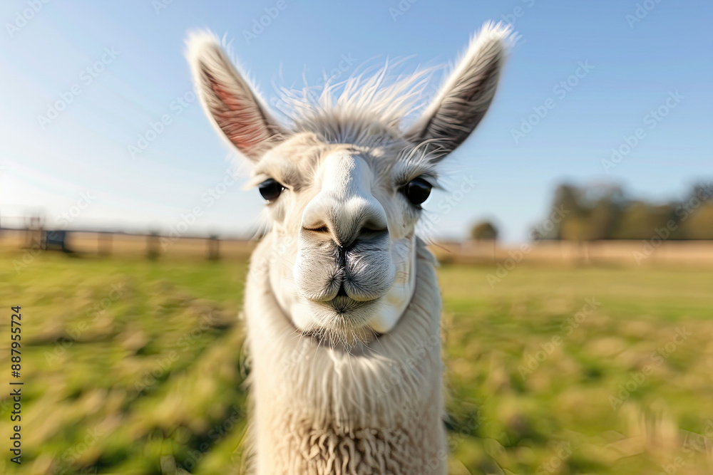 Obraz premium A llama is standing in a green field looking at the camera. The llama has white fur and brown eyes.