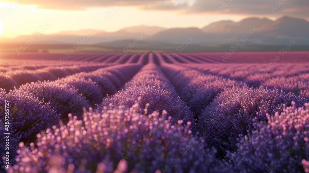 Fototapeta premium Vast lavender fields at sunset in Provence, France. A scenic view of rows of fragrant purple blooms under a golden sky, perfect for nature and relaxation themes.