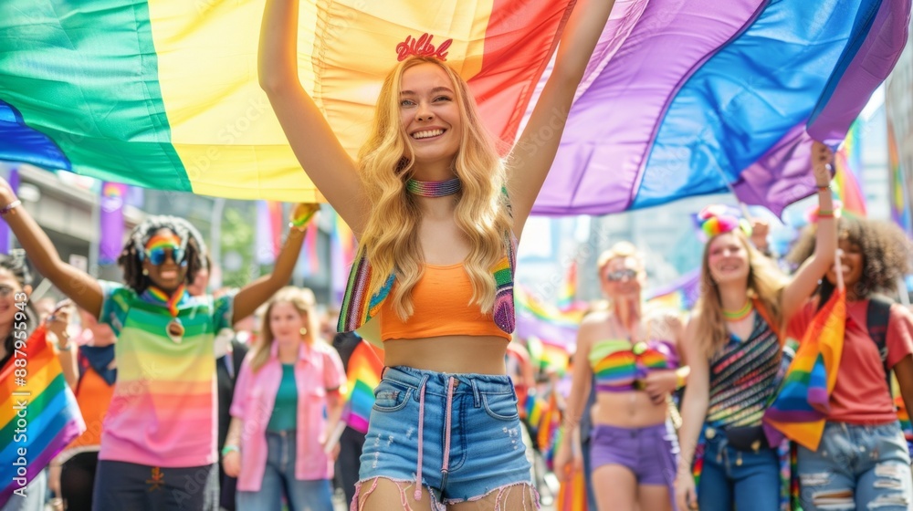 People marching for equal rights for LGBT+ community with rainbow flags, sings and colorful People marching for equal rights for LGBT+ community with rainbow flags, sings and colorful