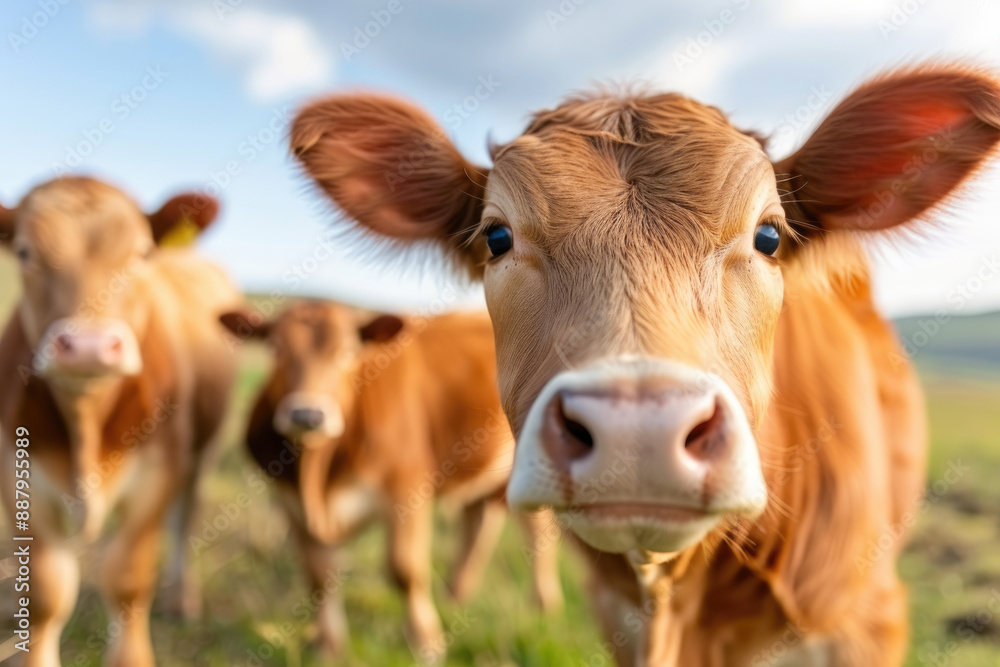 Here is the description for the image:..A close up of a cow looking at the camera with two other cows in the background on a green field Here is the description for the image:..A close up of a cow looking at the camera with two other cows in the background on a green field