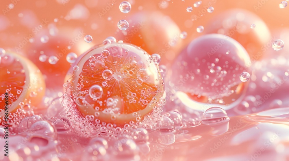 Orange jelly bubbles floating around it. Orange jelly bubbles floating around it.