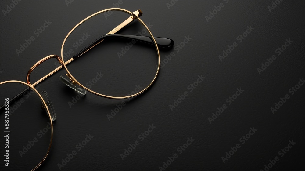 Minimalist top view of a pair of gold-rimmed glasses on a black background, their elegant lines standing out against the dark setting Minimalist top view of a pair of gold-rimmed glasses on a black background, their elegant lines standing out against the dark setting