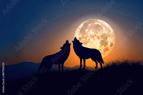 Two wolves howling at the moon.