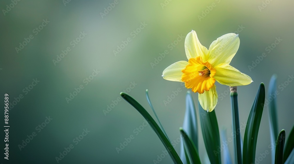 Single Yellow Daffodil with Green Leaves. Single Yellow Daffodil with Green Leaves.