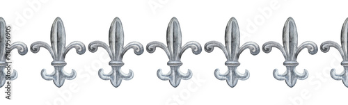 Fleur de lis isolated background illustration. Vintage heraldic. Fleur-de-lys hand drawn watercolor draw. French lily. Seamless border. Decor, decoration, cards, posters, design, Greeting photo