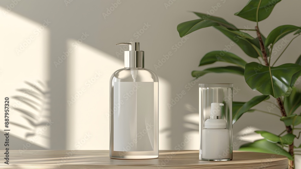 Blank Label Hand Sanitizer: A hand sanitizer bottle with no label on an entryway table.
Blank Label Hand Sanitizer: A hand sanitizer bottle with no label on an entryway table.