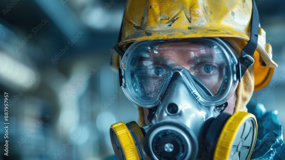 A worker wearing protective gear and a gas mask, emphasizing safety and precaution in hazardous environments. A worker wearing protective gear and a gas mask, emphasizing safety and precaution in hazardous environments.