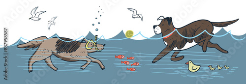 Dogs sea swimming summer relax illustartions set.