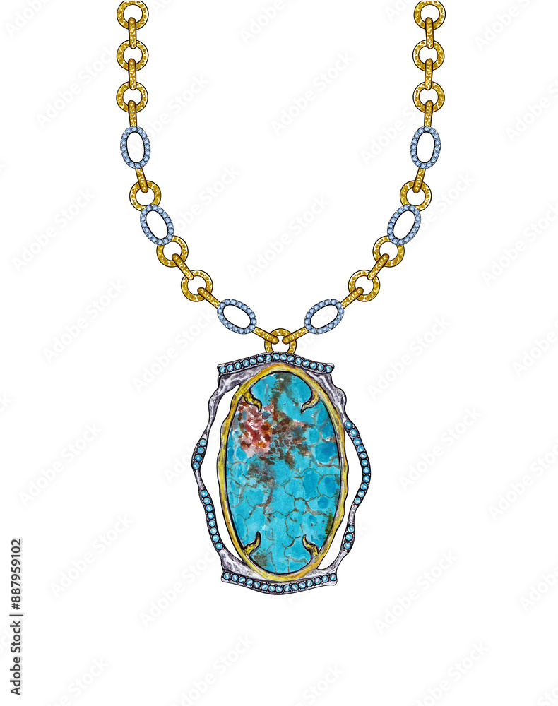 Jewelry design fancy art necklace set with blue topaz and turquoise hand drawing on paper. Jewelry design fancy art necklace set with blue topaz and turquoise hand drawing on paper.