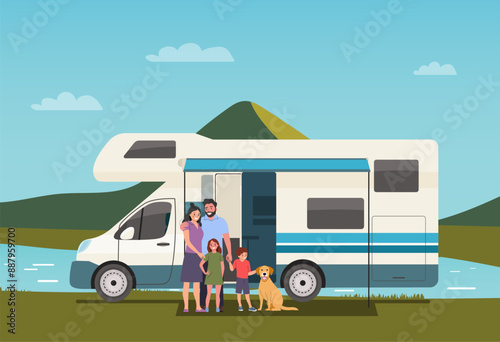 Сampervan and family with children against the backdrop of a mountain landscape. Vector illustration.