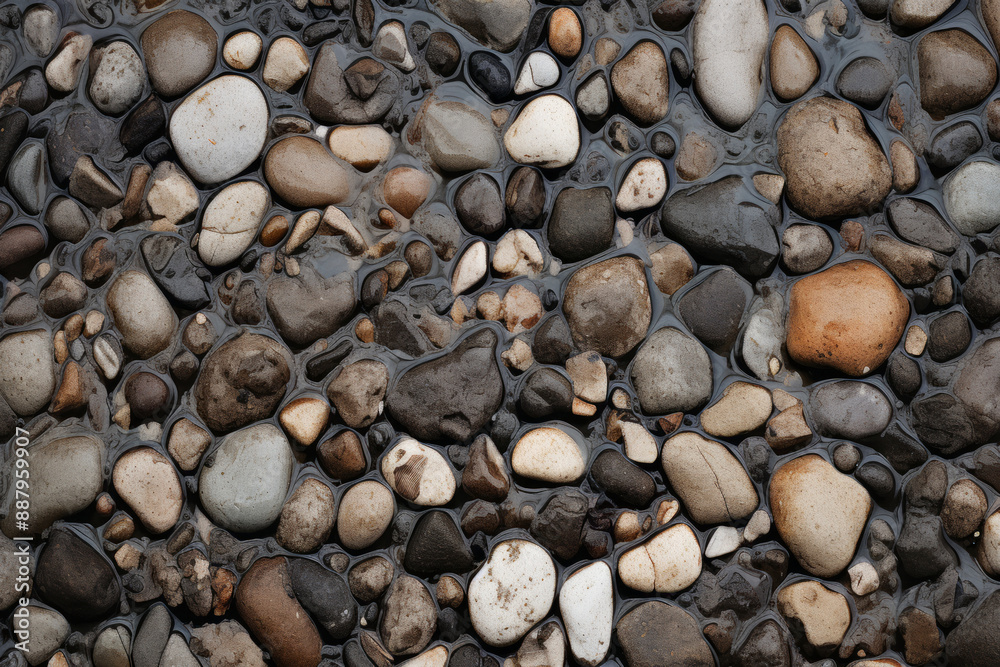 Processed collage of wet pebble stones on asphalt texture. Background for banner, backdrop Processed collage of wet pebble stones on asphalt texture. Background for banner, backdrop