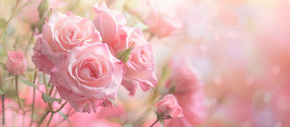 Fototapeta premium Soft pastel background with pink roses ideal for a copy space image