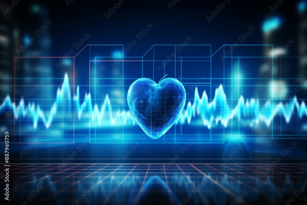 Blue 3d heart on background of glowing neon line of pulse, waveform, electrocardiogram. Blue 3d heart on background of glowing neon line of pulse, waveform, electrocardiogram.