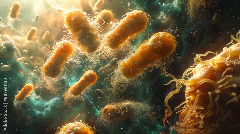 A digital illustration of vibrant microorganisms in a futuristic setting, interacting in a colorful and dynamic environment. A digital illustration of vibrant microorganisms in a futuristic setting, interacting in a colorful and dynamic environment.