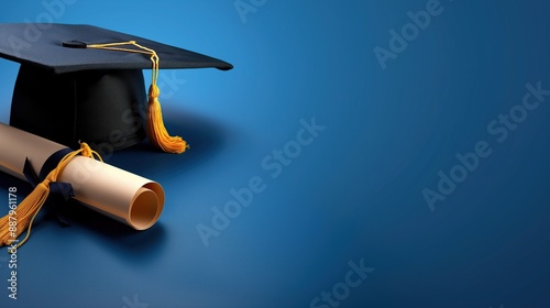Graduation cap and diploma on blue background, graduation hat and degree on blue panoramic background with copy space