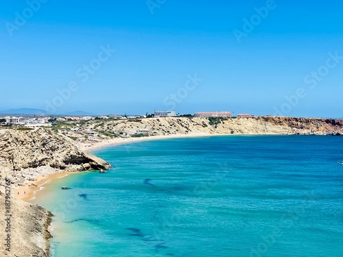 View of strong waves hitting the rock at Sagres, Algarve, Portugal.