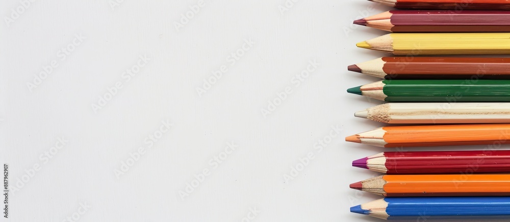Fototapeta premium Colorful wooden pencils set against a white backdrop with ample copy space image