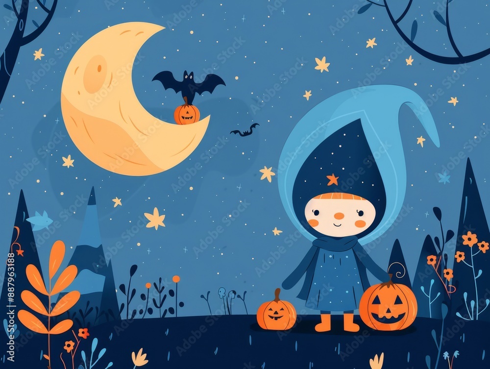 Fototapeta premium Quirky Percut Character in Flat Halloween Costume by Carved Pumpkin in Moonlight